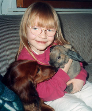 Sara with Tennari and our dear bunny, Caspian  in '94
